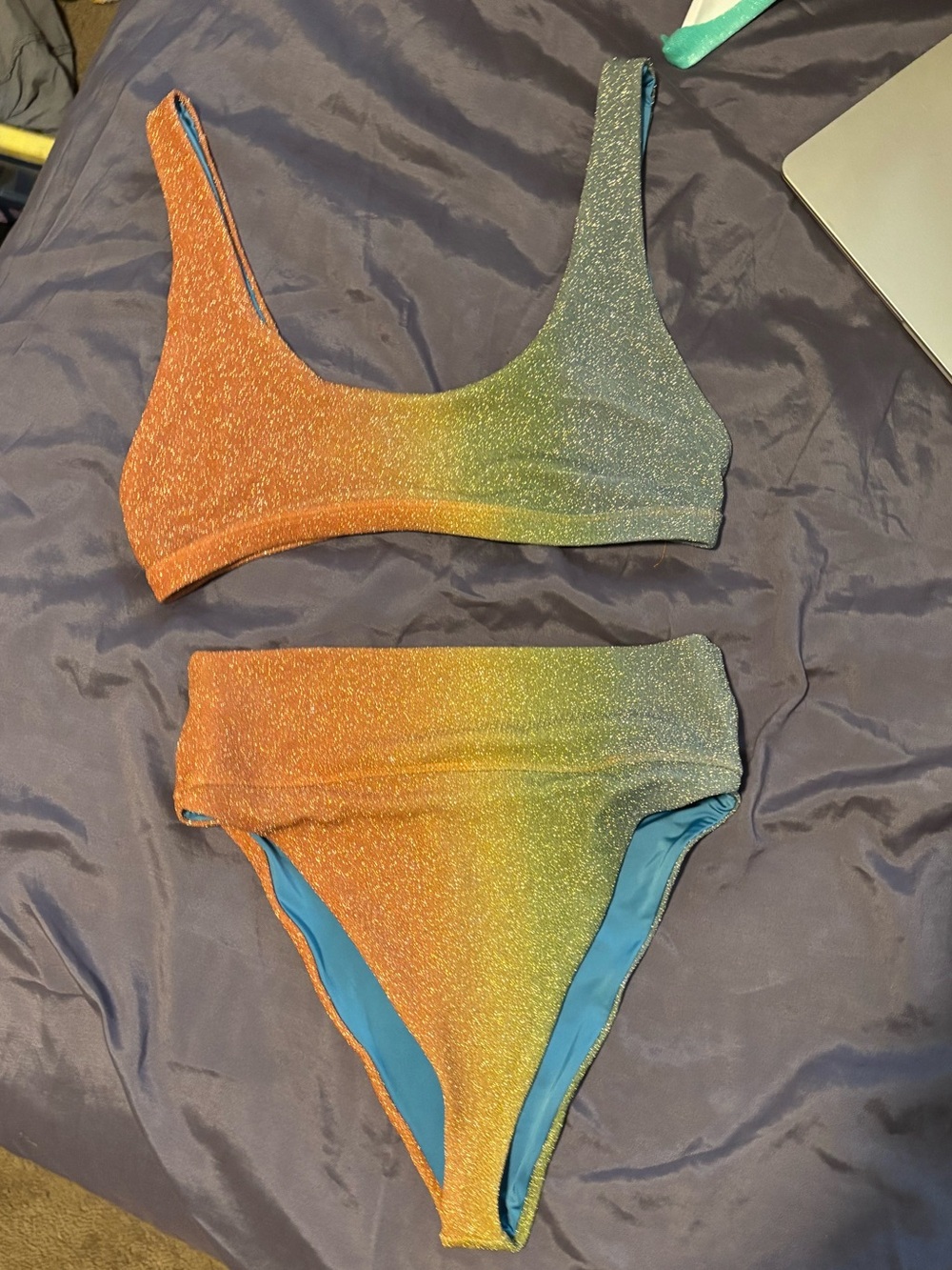 Beach Riot Orange Green Blue Glitter Bikini Set XL top L bottom - Picture 1 of 5